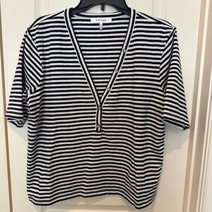 Frame Denim Navy & White Striped V-Neck Button Front Top